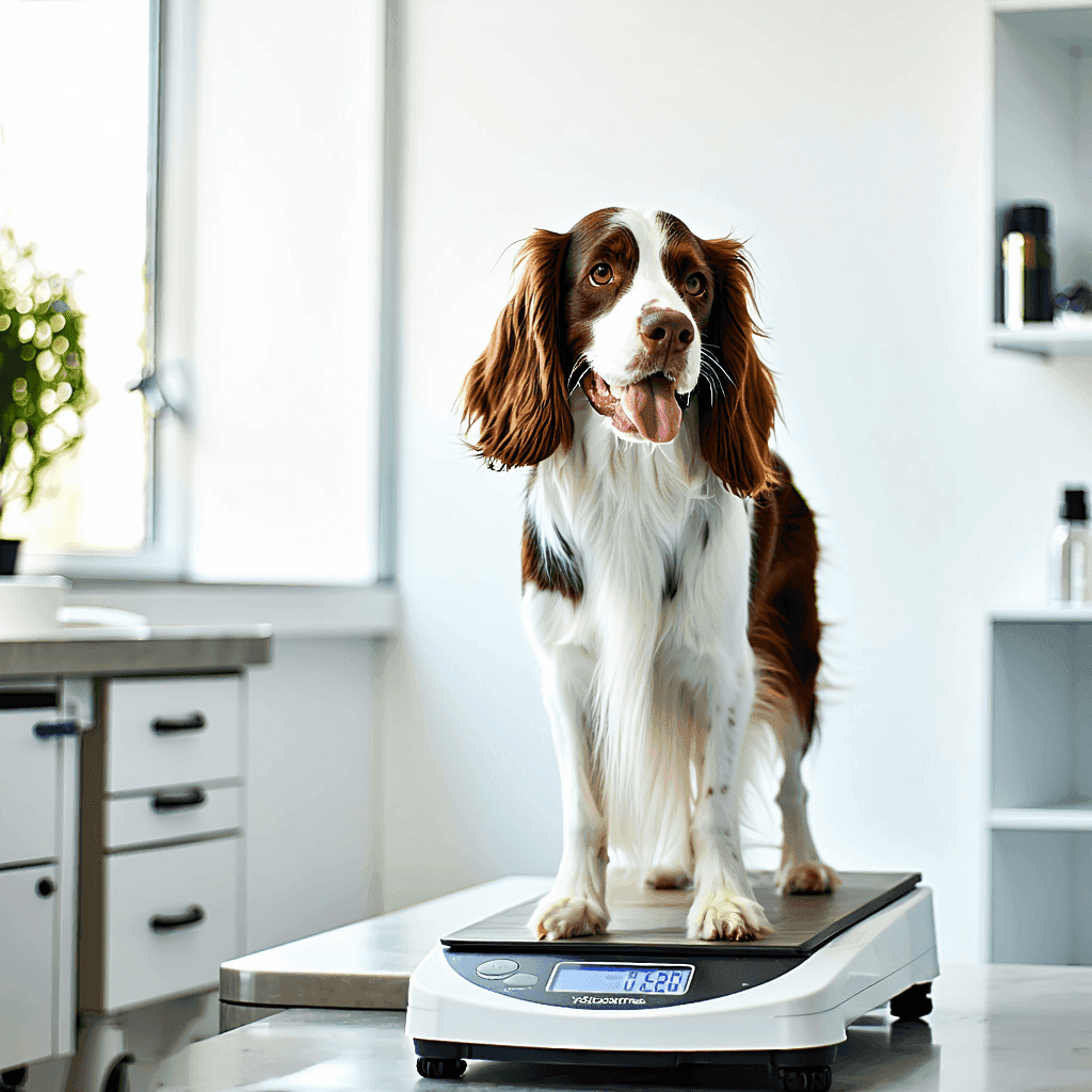 Healthy English Springer Spaniel on scale, representing weight management with light dog food for overweight dogs