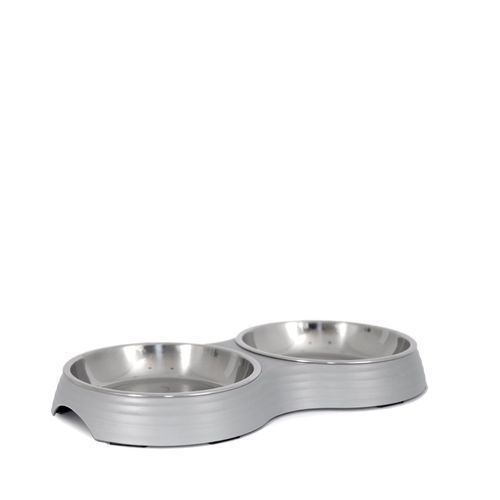 Amy Matbar Grå för Katt - Rostfria Stålskålar med Gummitassar 28x15x3 cm