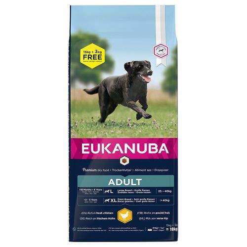 15 kg + 3 kg på köpet! 18 kg Eukanuba Adult och Puppy - Adult Large Breed Chicken