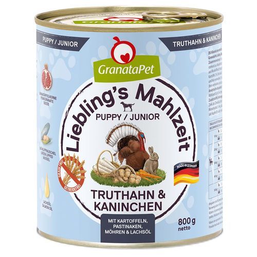 Ekonomipack: GranataPet Liebling's Mahlzeit 12 x 800 g - Junior Kalkon & kanin med potatis, palsternacka & laxolja