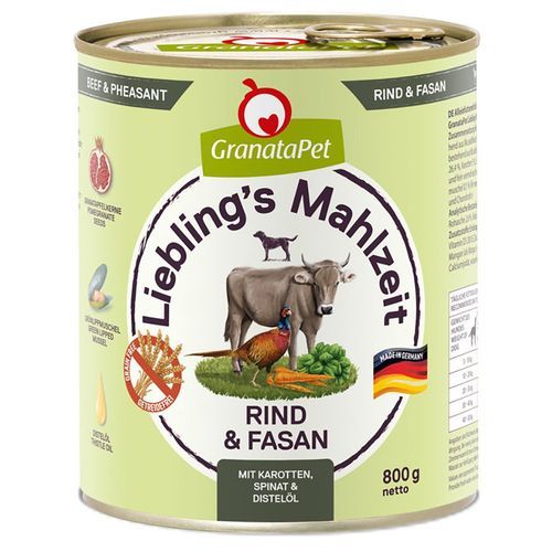 Ekonomipack: GranataPet Liebling's Mahlzeit 12 x 800 g - Nötkött & fasan med morötter, spenat och safflorolja