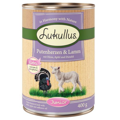 Ekonomipack: Lukullus Junior 24 x 400 g - Kalkonhjärta & lamm