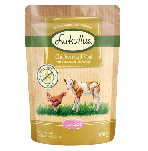 Lukullus Naturkost Junior Grain Free Pouch 6 x 300 g - Kyckling & kalv