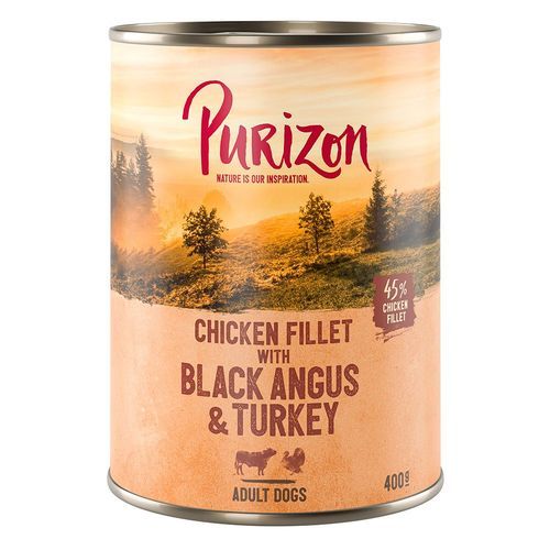 Ekonomipack: Purizon Adult 12 x 400 g - Adult Kycklingfilé med Black Angus, kalkon, sötpotatis & tranbär