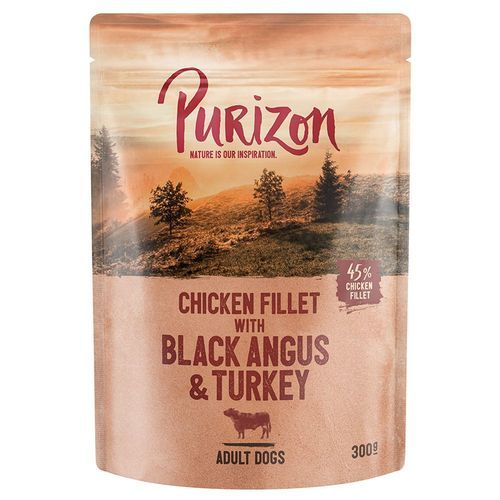 Ekonomipack: Purizon Adult 24 x 300 g - Adult Kycklingfilé med Black Angus, kalkon, sötpotatis & tranbär