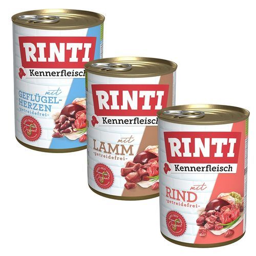 Blandat provpack: 6 x 400 g RINTI - Blandpack: Nötkött, Fågelhjärtan, Lamm