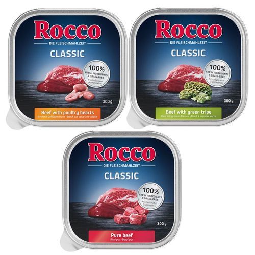 Blandat provpack: Rocco 9 x 300 g - Classic Mix 1: Nötkött pur, Våm, Hönshjärta