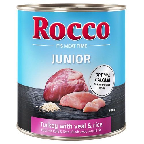 Ekonomipack: Rocco Junior 24 x 800 g - Blandpack I: Kalkon & kalvhjärta, Kycklinghjärta & ris