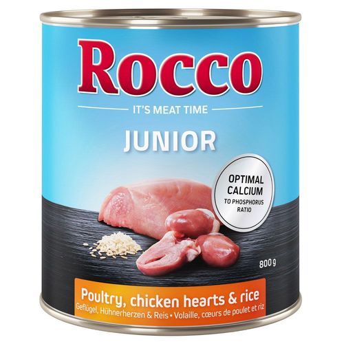 Ekonomipack: Rocco Junior 24 x 800 g - Fjäderfä, kycklinghjärta & ris
