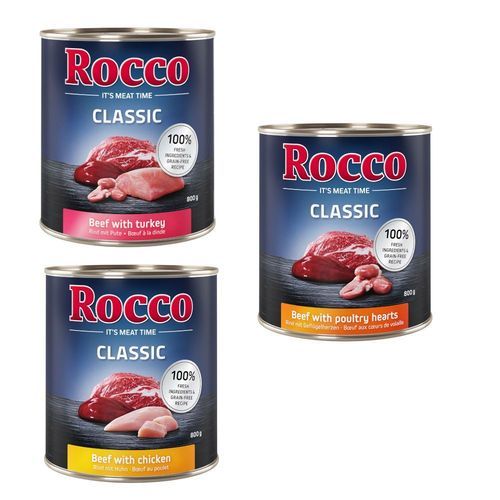 Rocco Classic 12 x 800 g - Fjäderfämix: Nötkött & kyckling, Nötkött & fjäderfähjärta, Nötkött & kalkon