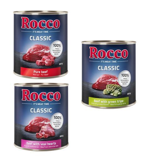 Rocco Classic 12 x 800 g - Nötköttmix: Rent nötkött, Nötkött & kalvhjärta, Nötkött & våm