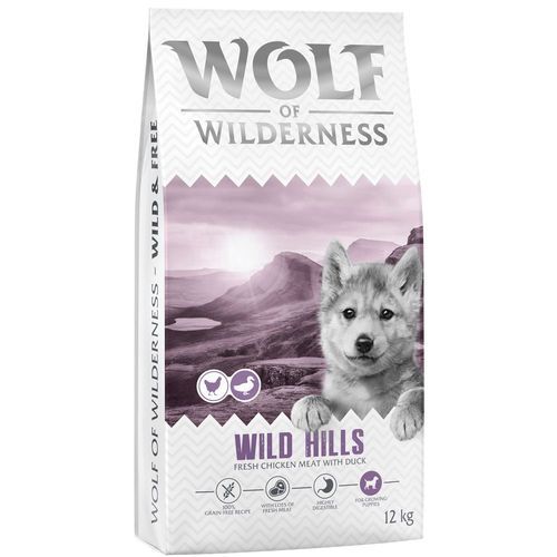 Wolf of Wilderness Junior "Wild Hills" med anka & färsk kyckling - spannmålsfritt - 12 kg nytt recept