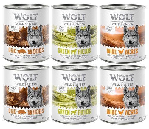 Blandpack: Wolf of Wilderness våtfoder - 6 x 800 g burk: Adult (Lamb, Boar, Chicken)