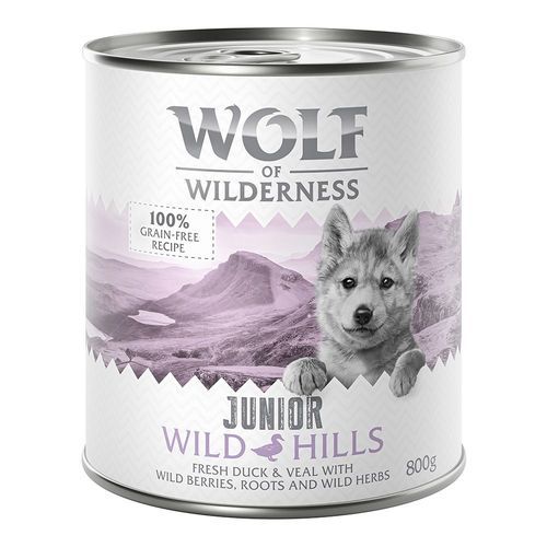 Ekonomipack: Wolf of Wilderness Junior 12 x 800 g - Wild Hills Junior - Duck & Veal