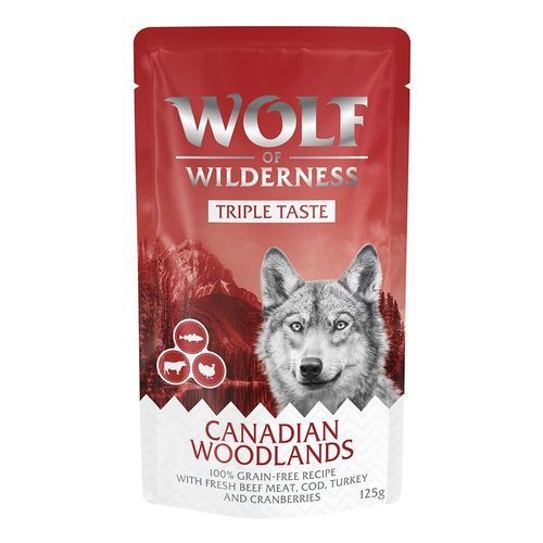 Ekonomipack: Wolf of Wilderness Triple Taste 24 x 125 g - Canadian Woodlands - nötkött, torsk, kalkon