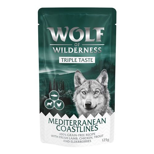 Ekonomipack: Wolf of Wilderness Triple Taste 24 x 125 g - Mediterranean Coastlines - lamm, kyckling, öring