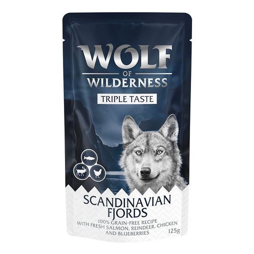 Ekonomipack: Wolf of Wilderness Triple Taste 24 x 125 g - Scandinavian Fjords - lax, ren, kyckling
