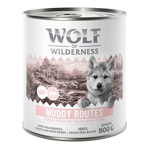 Sparpris! 24 x 800 g Wolf of Wilderness våtfoder hund - Expedition JUNIOR Muddy Routes - Poultry & Pig