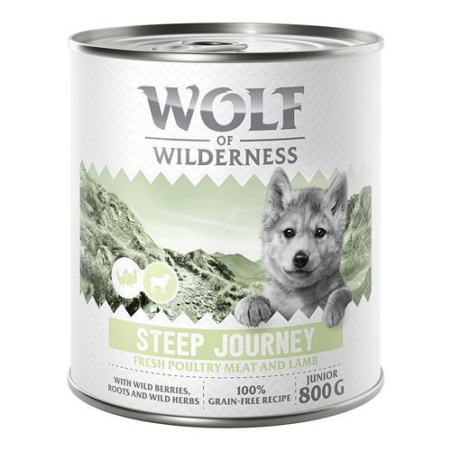 Sparpris! 24 x 800 g Wolf of Wilderness våtfoder hund - Expedition JUNIOR Steep Journey - Poultry & Lamb