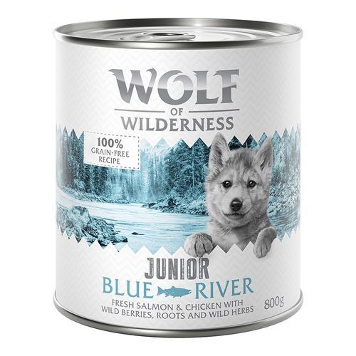 Sparpris! 24 x 800 g Wolf of Wilderness våtfoder hund - JUNIOR Blue River - Chicken & Salmon