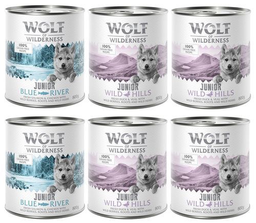 Sparpris! 24 x 800 g Wolf of Wilderness våtfoder hund - JUNIOR Mixpack 16x Duck & Veal, 8x Chicken & Salmon