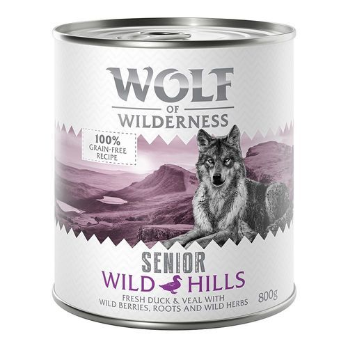 Sparpris! 24 x 800 g Wolf of Wilderness våtfoder hund - SENIOR Wild Hills - Duck