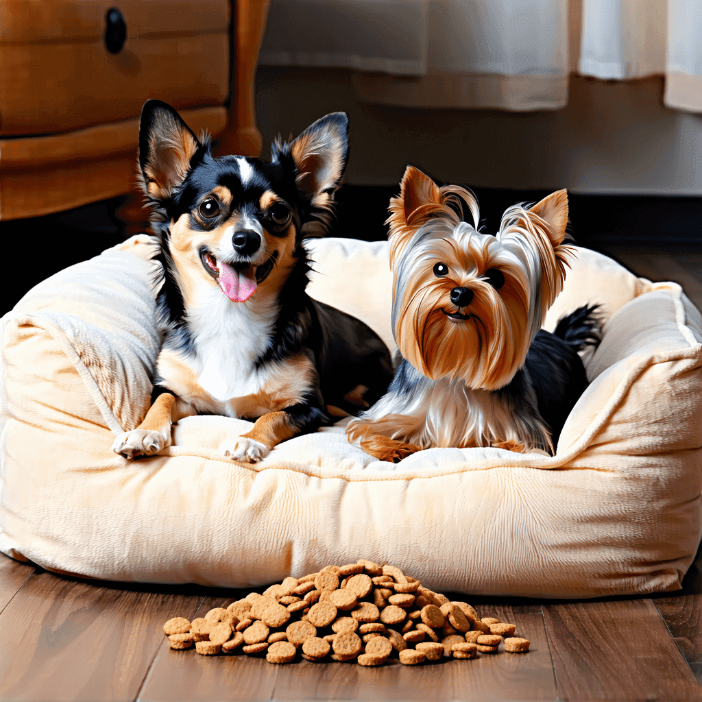 Two small dogs, a Chihuahua and Yorkshire Terrier, sitting by premium dog food for small breeds in a home setting.