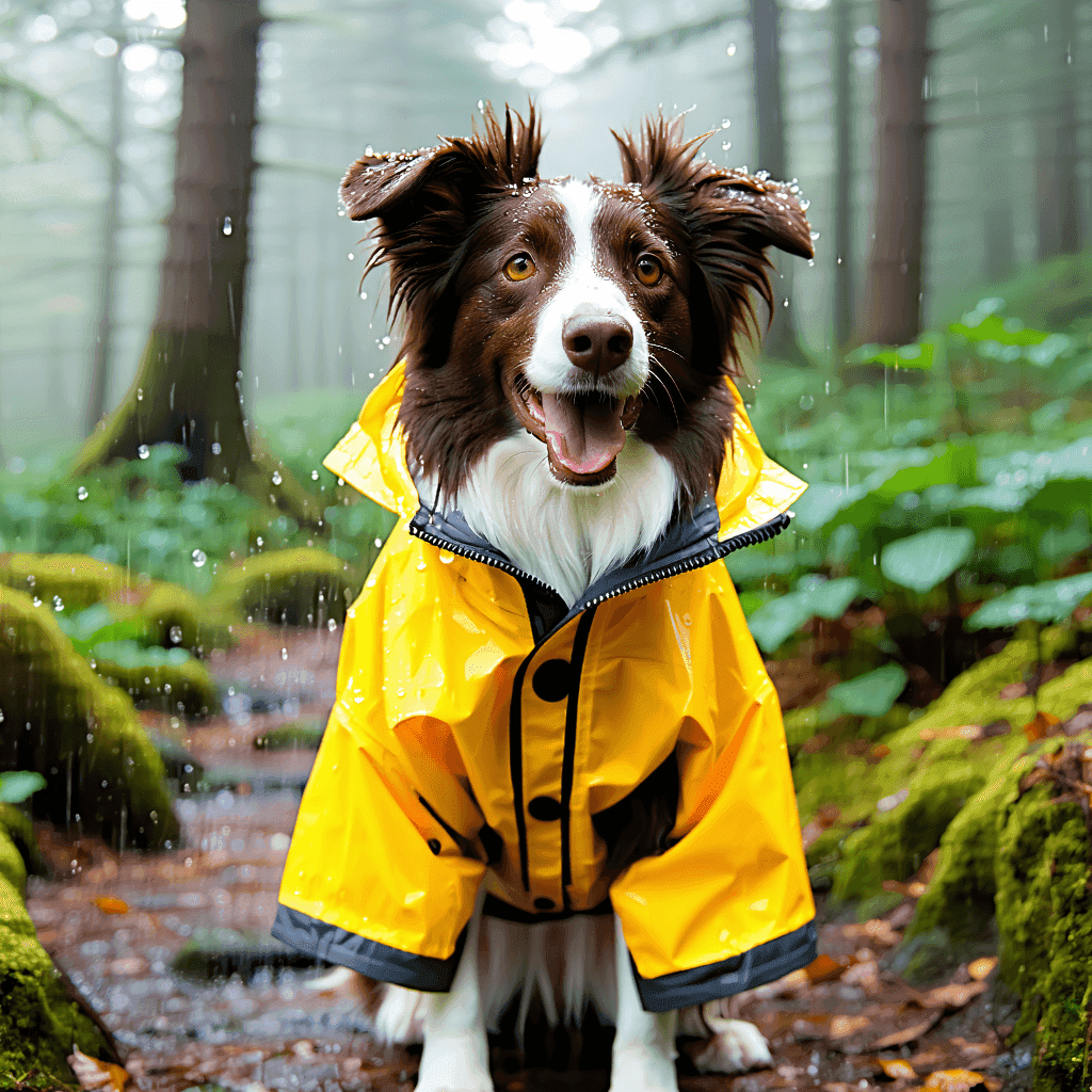 Border Collie wearing yellow raincoat on wet forest trail, demonstrating best dog rain coat for comfort and protection
