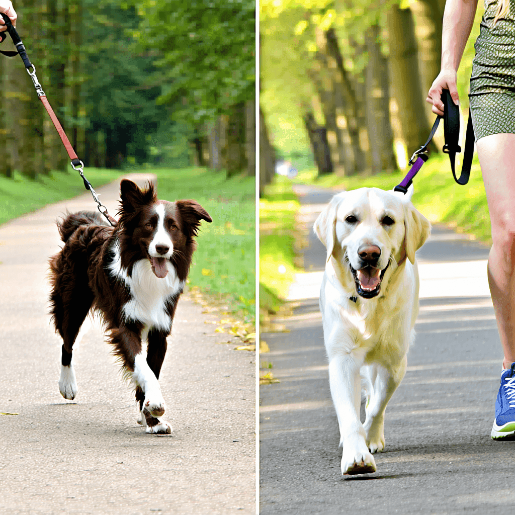 Comparison of dogs on walks: Border Collie with flexikoppel in park, Labrador with fast koppel on sidewalk