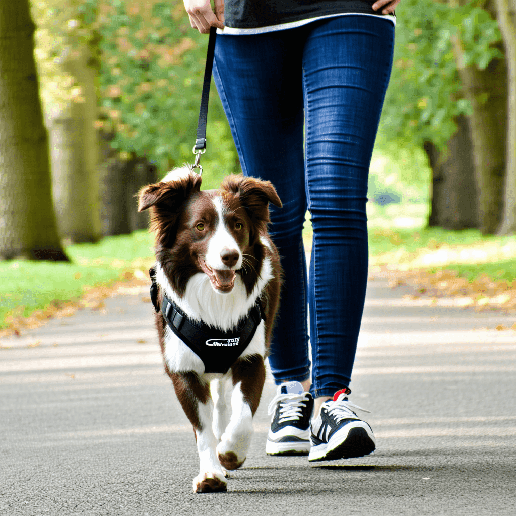 Border Collie wearing anti-pull harness, walking calmly with owner in park, demonstrating effective no-pull dog gear