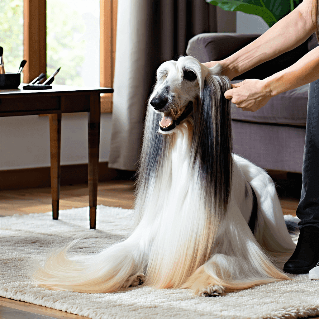 Afghan Hound being brushed, showcasing long coat grooming for large breeds with various brushes and combs nearby