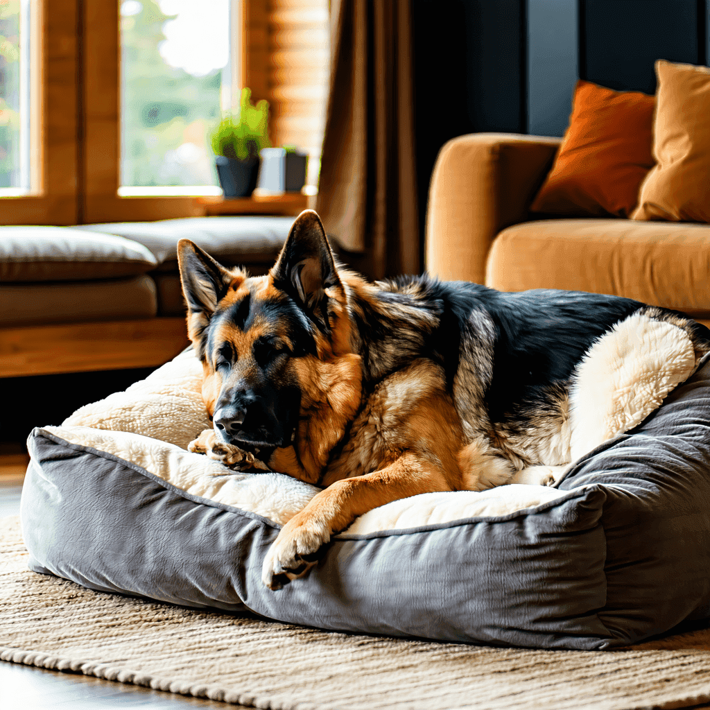 Contented German Shepherd sleeping on a plush, supportive dog bed in a cozy living room setting