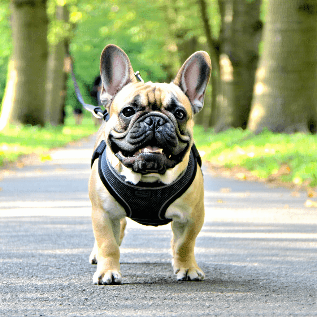French Bulldog wearing ergonomic harness for flat-faced breeds, walking happily in park setting