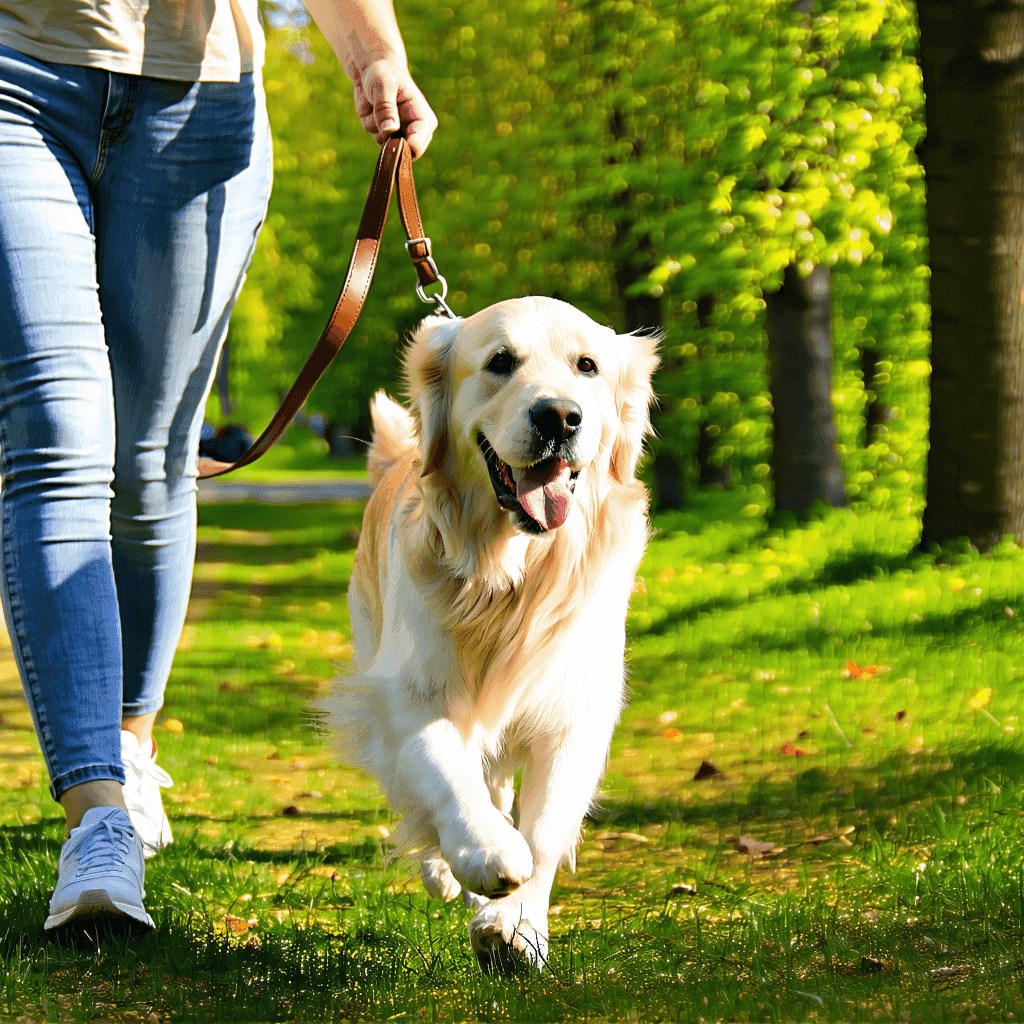 Happy golden retriever on a walk with owner, wearing a durable and comfortable leather leash in a sunny park setting.