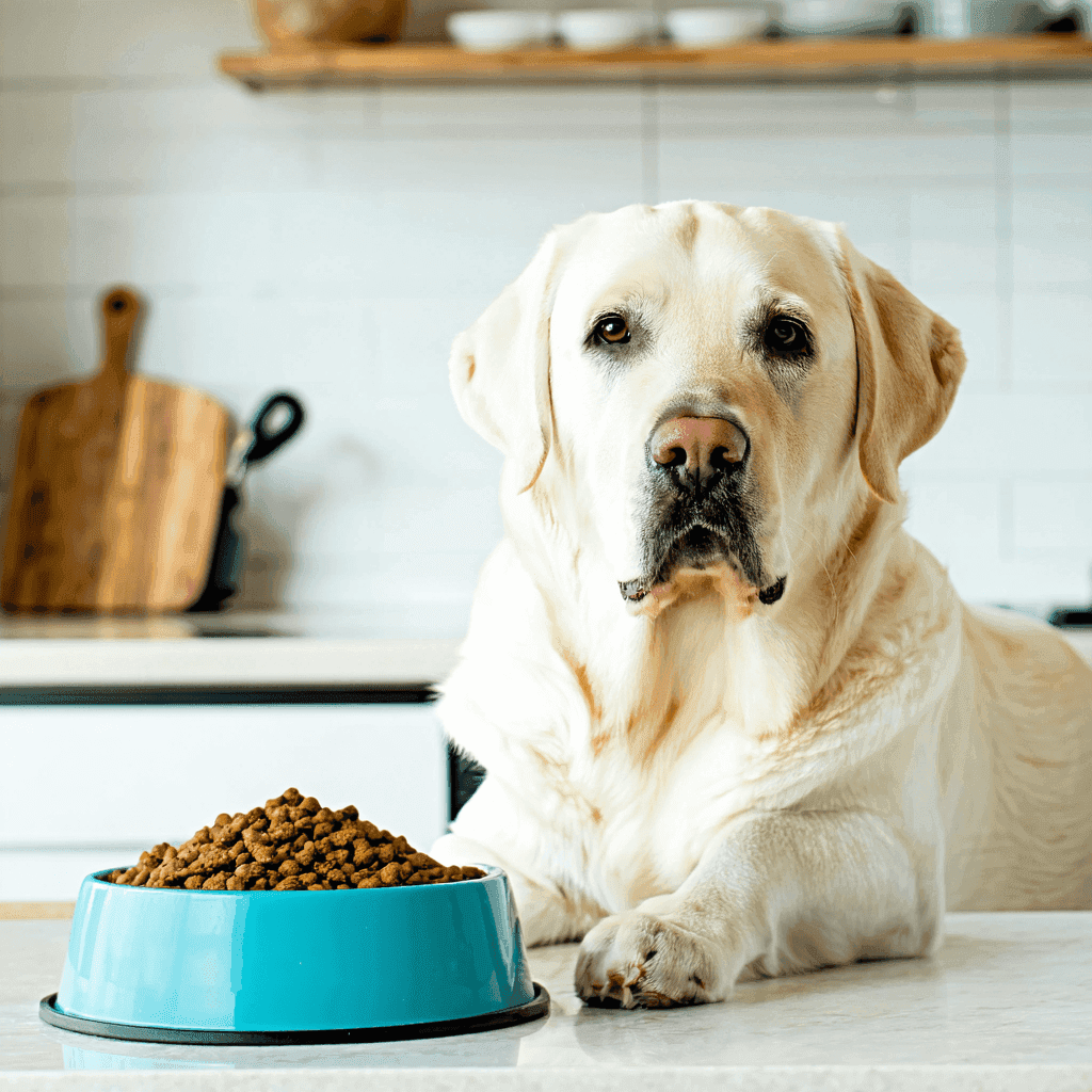 Labrador with sensitive stomach next to hypoallergenic dog food, showcasing nutrition for dogs with allergies