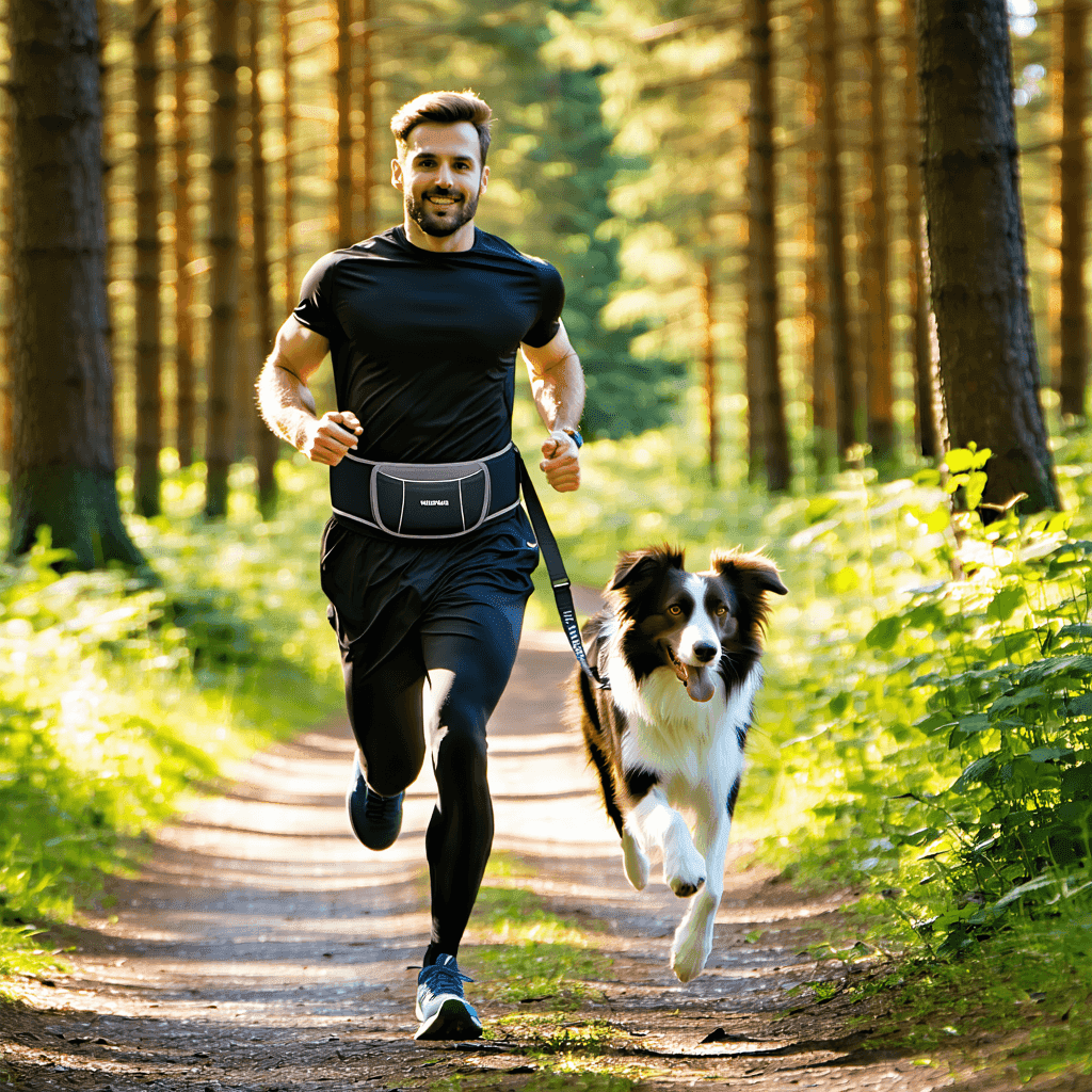 Border collie and owner jogging with midjebälte for dogs, showcasing comfortable and secure outdoor exercise equipment