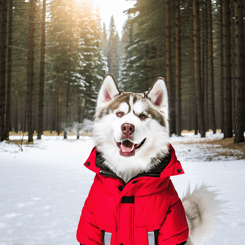 Alaskan Malamute wearing a red winter coat in snowy forest, showcasing warmth and protection for dogs in cold weather