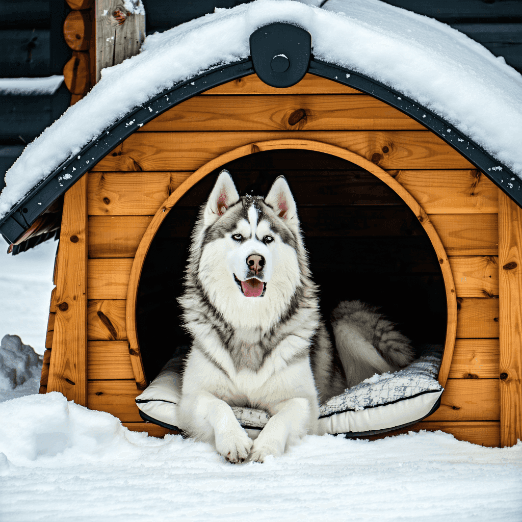 Alaskan Malamute in a warm, illuminated dog house with heating pad, set in snowy winter scene