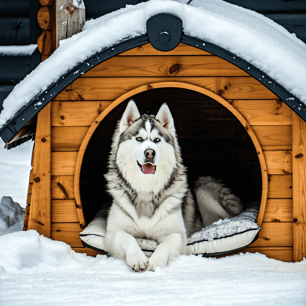 Alaskan Malamute in a warm, illuminated dog house with heating pad, set in snowy winter scene