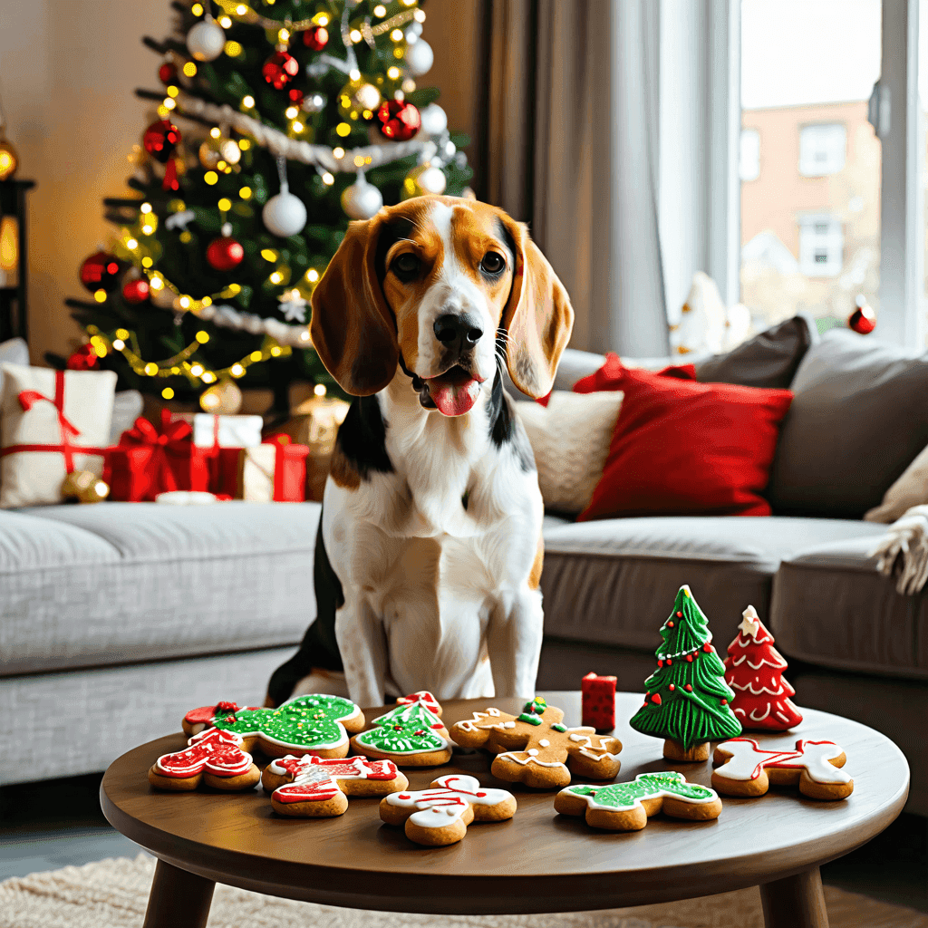 Beagle near Christmas tree with festive, dog-safe treats including gingerbread cookies and bone-shaped biscuits
