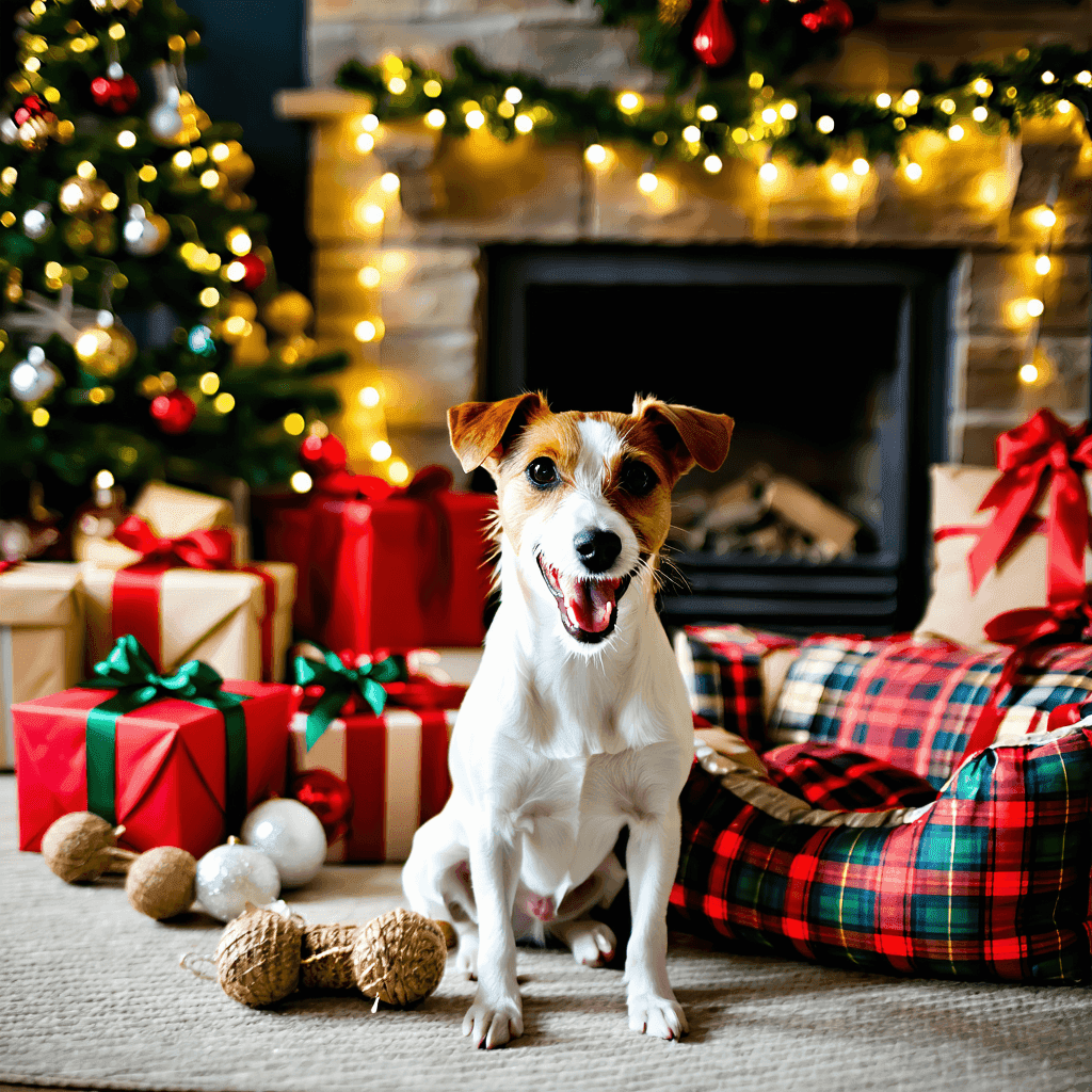Jack Russell terrier surrounded by Christmas presents and dog toys in festive living room, excited for holiday gifts
