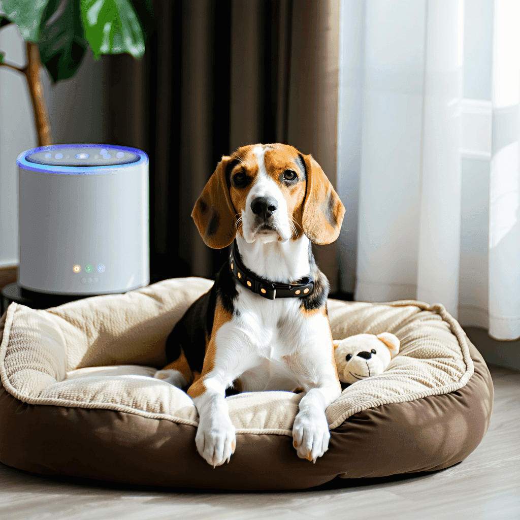 Relaxed Beagle on cozy bed with calming products for separation anxiety, including collar and white noise machine