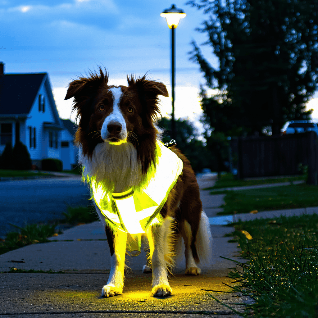 Border collie wearing a yellow reflective vest on nighttime walk, demonstrating visibility and safety for dogs in low light