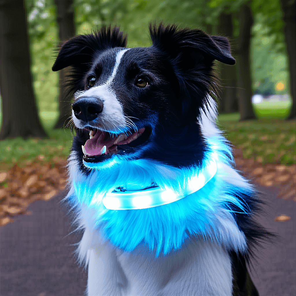 Border collie wearing a glowing blue LED collar on an evening walk, illuminating the path in a dark park setting