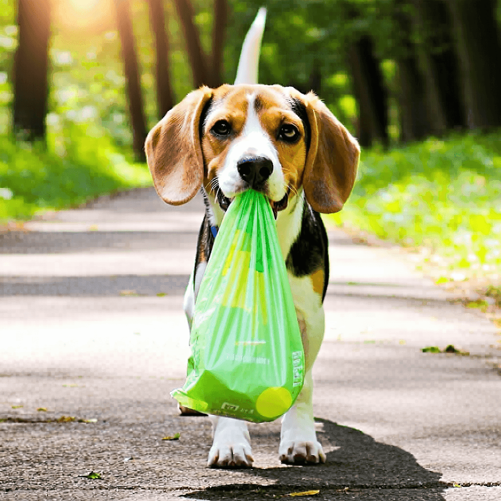 Playful beagle holding green biodegradable poop bag, promoting eco-friendly pet care on a sunny park walk
