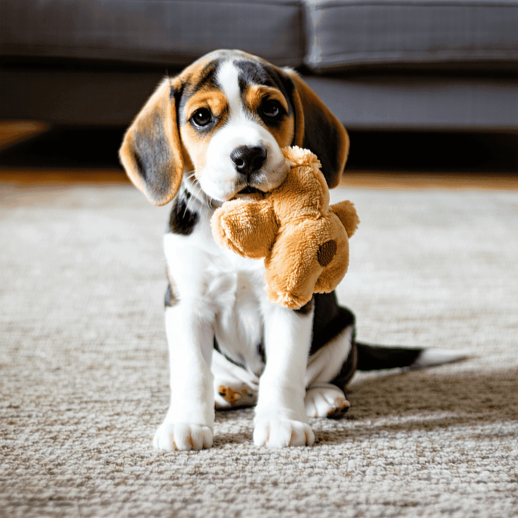 Beagle puppy holding soft plush toy, sitting on rug in cozy living room, demonstrating joy of carrying soft dog toys