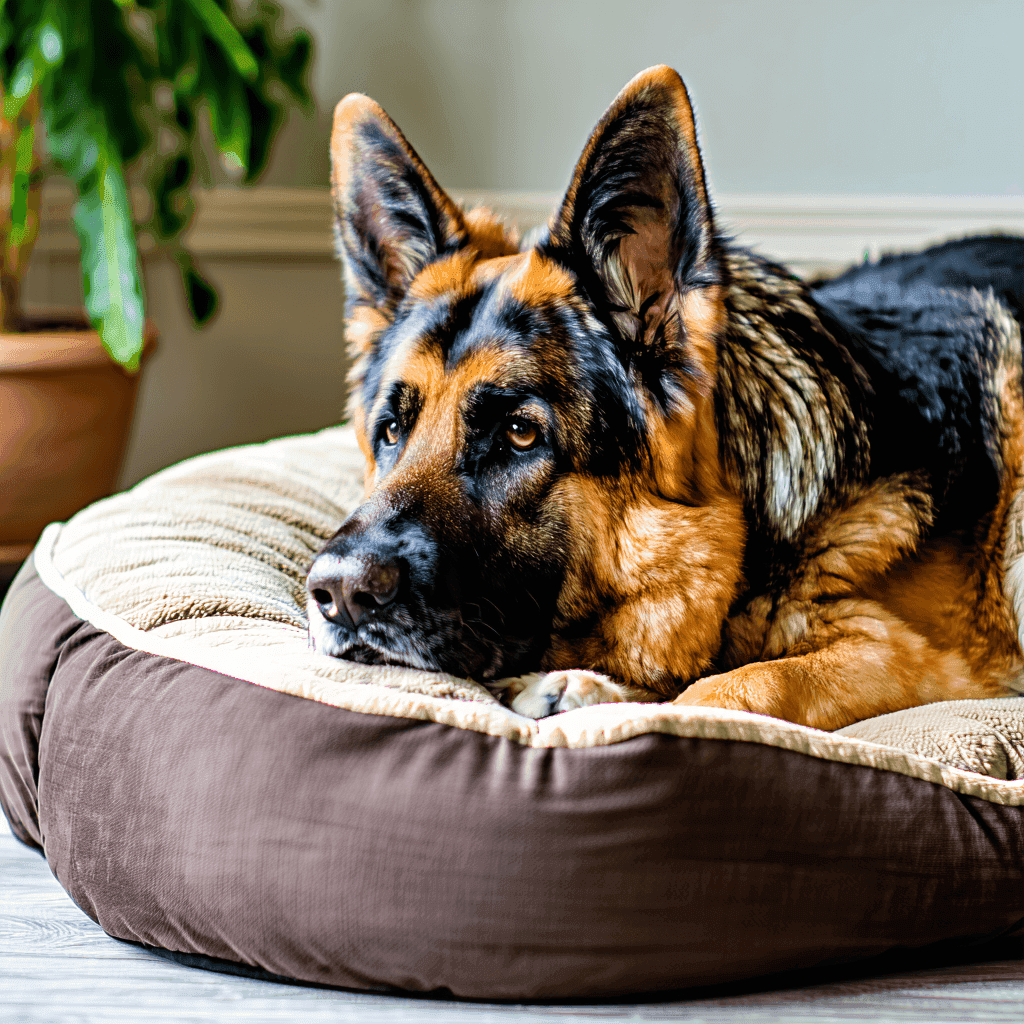 Senior German Shepherd relaxing on orthopedic dog bed, showcasing comfort for dogs with joint issues