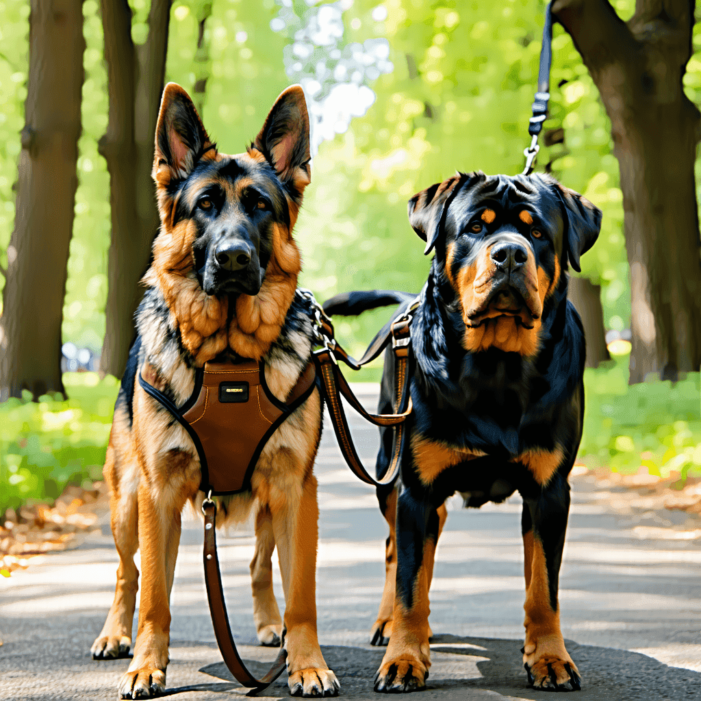 German Shepherd and Rottweiler wearing strong, durable leashes and harnesses in a park, demonstrating robust equipment for large dogs