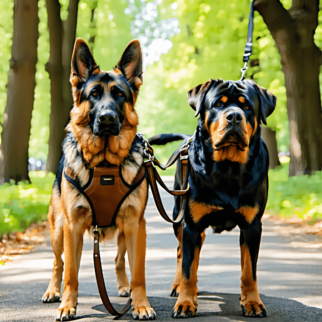 German Shepherd and Rottweiler wearing strong, durable leashes and harnesses in a park, demonstrating robust equipment for large dogs