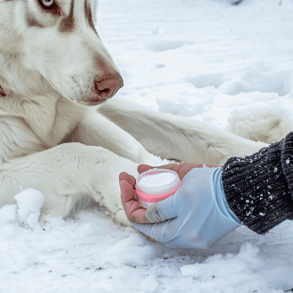 Husky's paw being treated with protective balm on snowy ground, demonstrating winter paw care for dogs